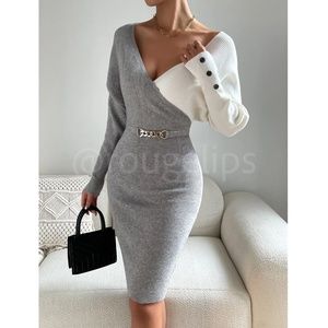 2 Tone Rib Knit Dress Long Sleeve V Neck & Back Knee Length Grey White NWT
